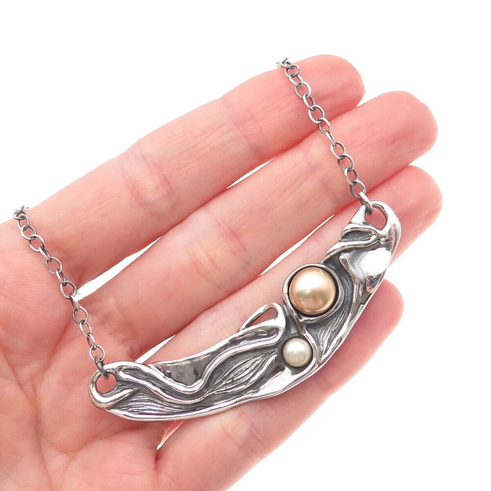 Hagit Gorali 925 Sterling Vintage Israel Real Pearl Modernist Chain Necklace 18"